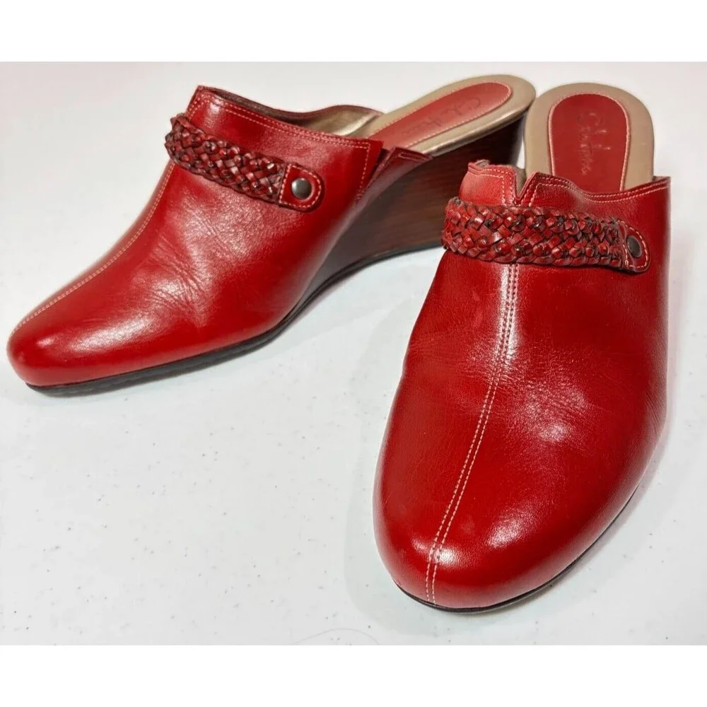 Cole Haan Red Leather Wedge Clogs Mules Shoes Womens 9B Braid Western Boho